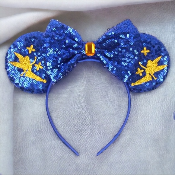 Accessories - New Tinkerbell Headband w/ Blue Sequin Bow & Gold Gemstone - Disney Inspired!